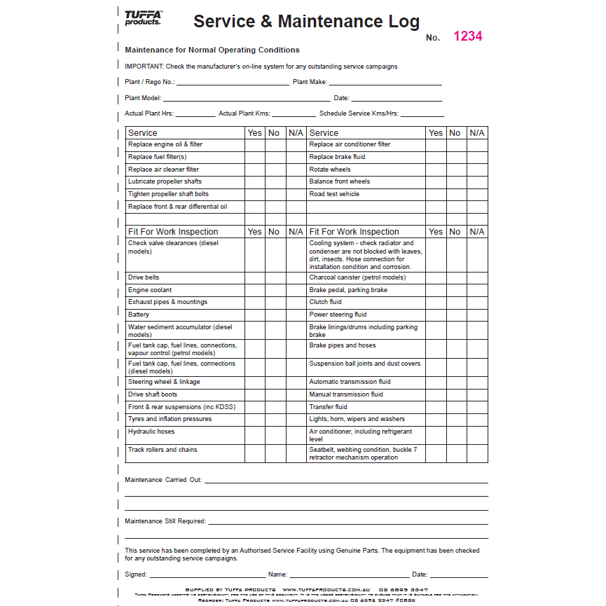 Maintenance Service Logbook Tuffa Products