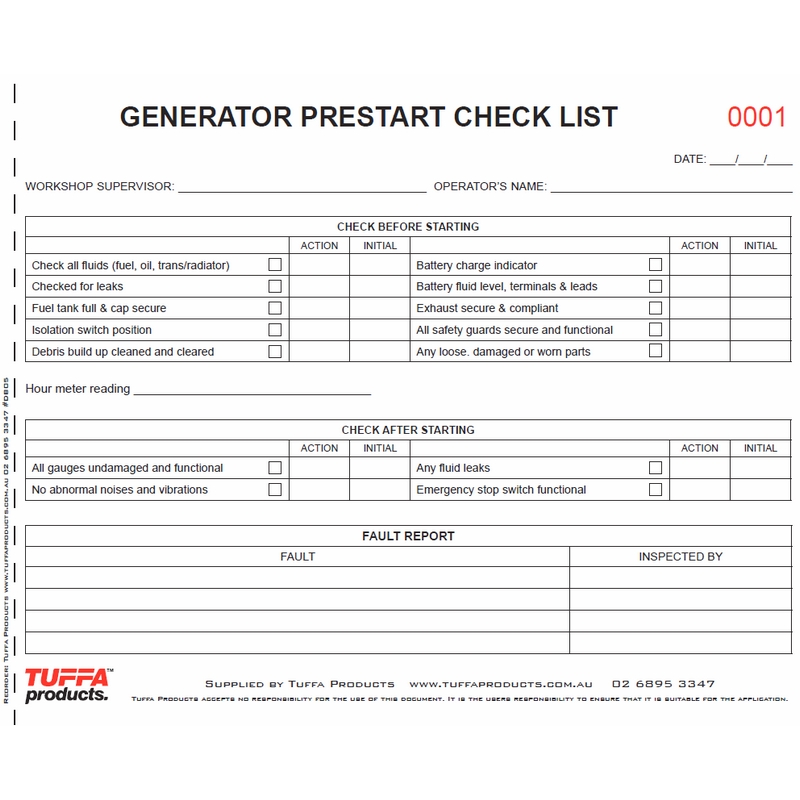 Generator Welder Prestart Checklist Books Tuffa Products